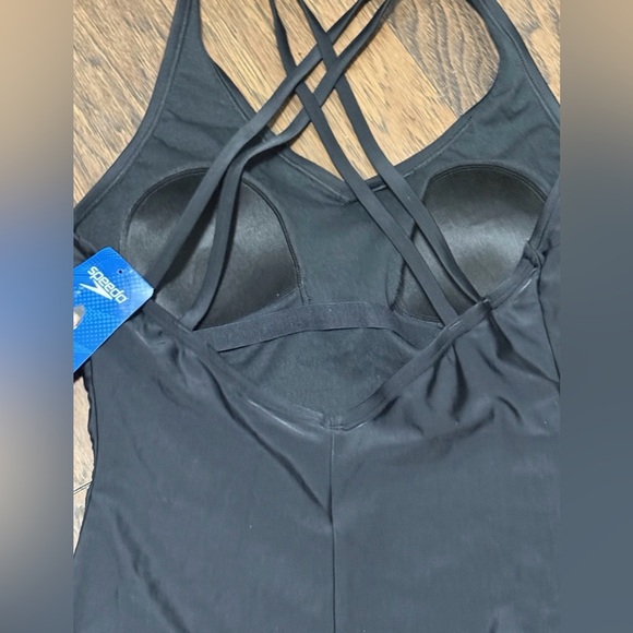 New Speedo One Piece Swimsuit Solid Black Double Strap Criss Cross Swimwear Sz L - Picture 7 of 13
